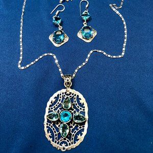 Designer Earring + Necklace Set Swiss Blue Topaz Real Gemstone Stamped 925